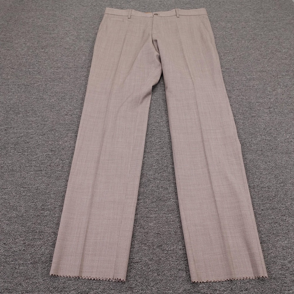 Boss Pants Mens 38x34 Beige Virgin Wool Check‎ Flat Front Lined Dress Formal